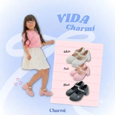 VIDA – รองเท้าส้นสูงเด็กผู้หญิงสายคาดประดับมุกตกแต่งโบว์
