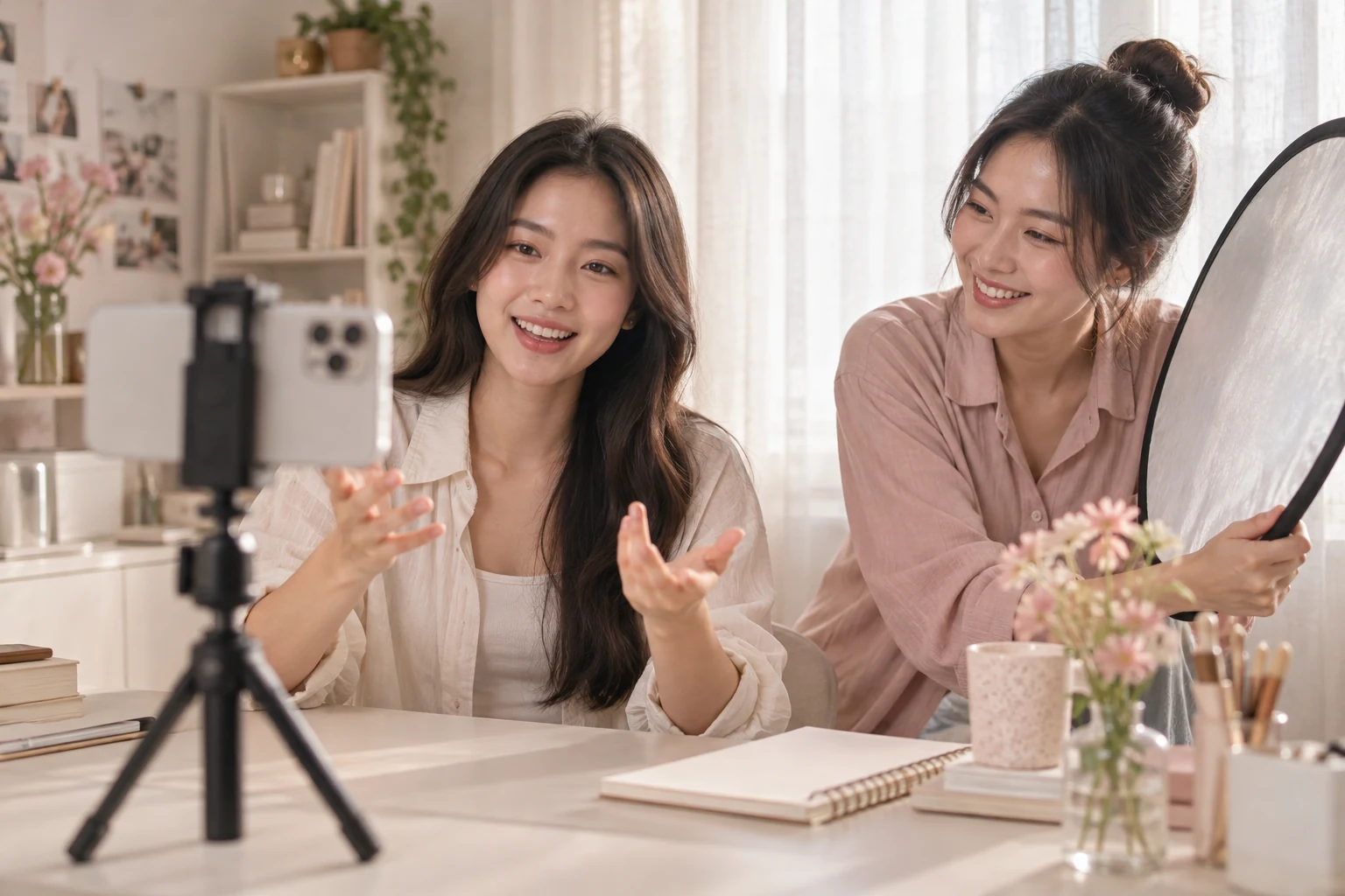 ครีเอเตอร์ถ่ายคลิปด้วยสมาร์ตโฟนในมุมทำงานโทนอบอุ่น